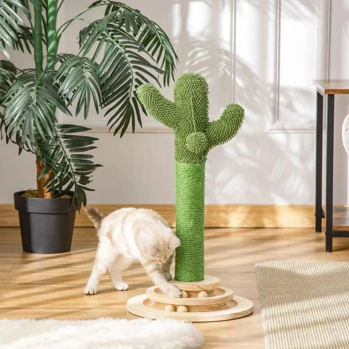 Cat playing with cactus-shaped sisal rope cat tree and ball platform in sunlit room