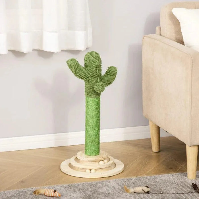 Cactus-shaped cat tree with green sisal rope, hanging ball, and wood base in living room