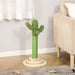 Cactus-shaped cat tree with green sisal rope, hanging ball, and wood base in living room