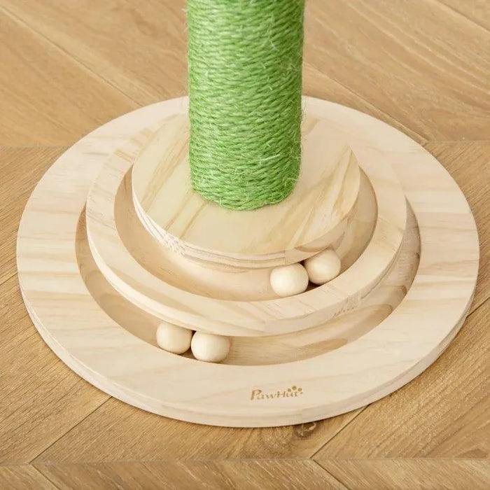 Miniature cat tree base with green sisal rope post, wooden ball track, and PawHut logo on wood floor