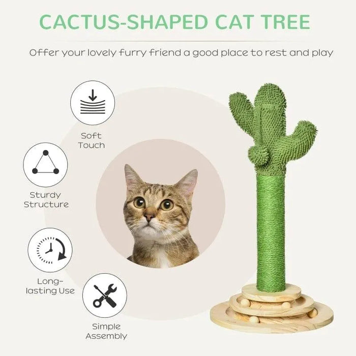 Cactus-shaped cat tree with sisal rope, wooden base, and playful kitten, pet furniture