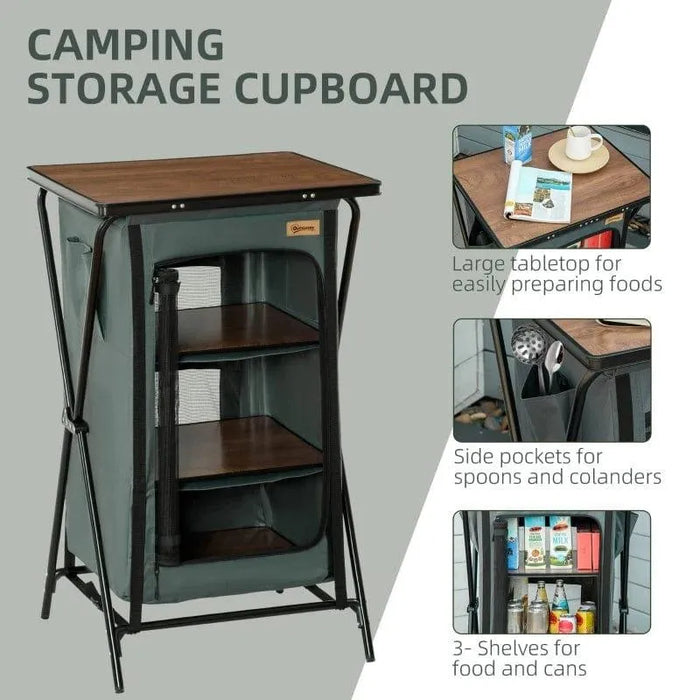 Grey camping storage cupboard with aluminium frame, MDF worktop, shelves, and side pockets
