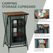 Grey camping storage cupboard with aluminium frame, MDF worktop, shelves, and side pockets