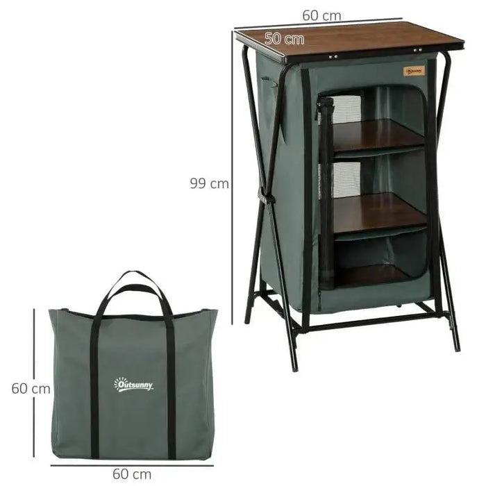 Grey aluminium camp kitchen unit with MDF worktop, shelves, foldable frame, and carry bag