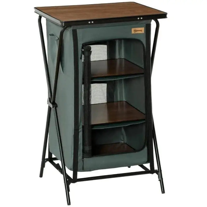 Compact camp kitchen unit with grey aluminium frame, MDF worktop, and fabric storage shelves.