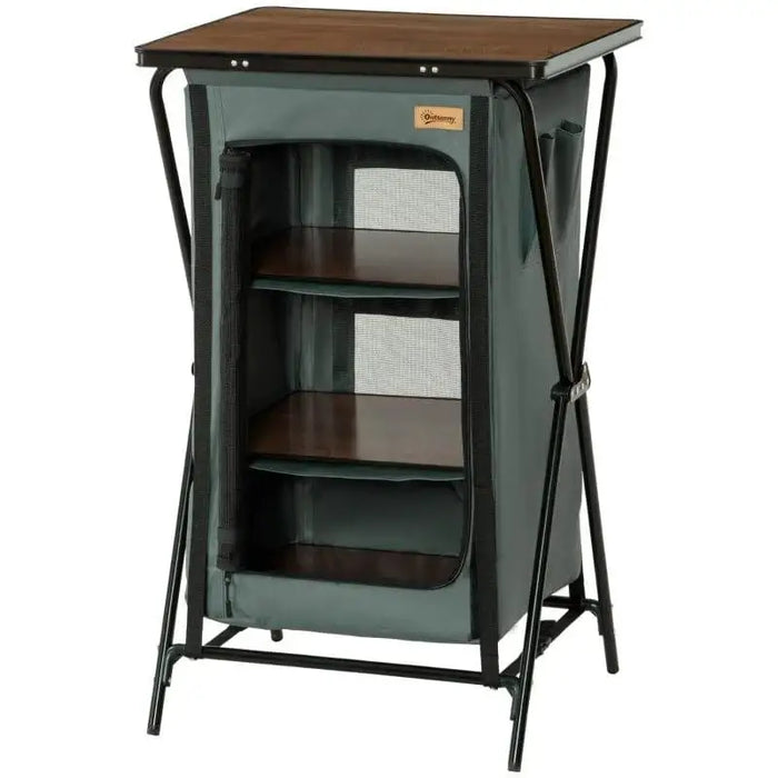 Grey camp kitchen unit with aluminium frame, MDF worktop and fabric storage shelves