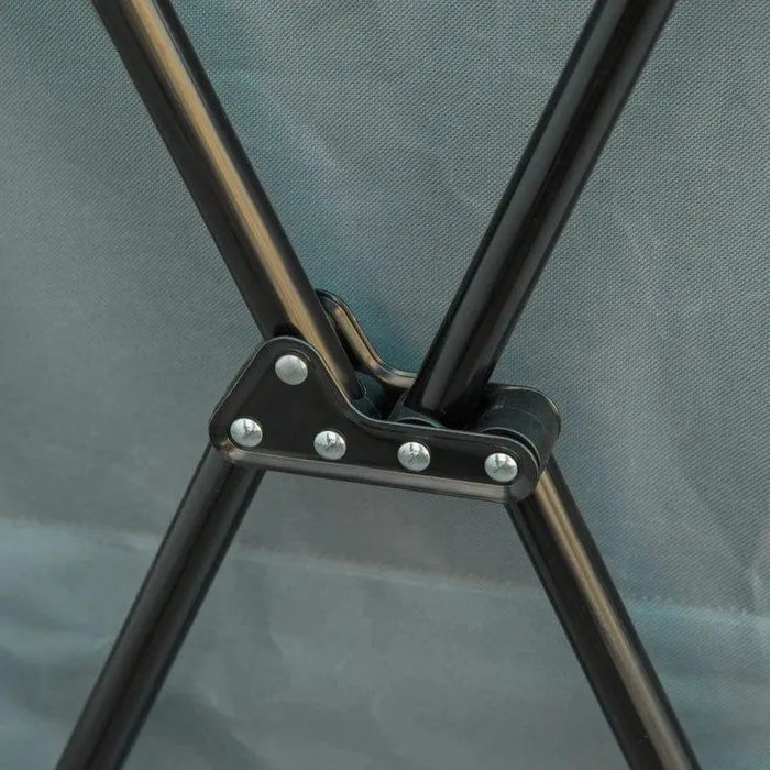 Close-up of grey aluminium frame with metal rivets on camping kitchen unit