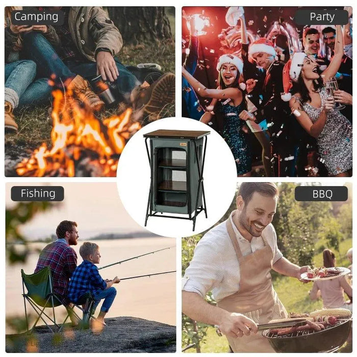 Collage showing camp kitchen unit with grey aluminium frame for camping, party, fishing, BBQ