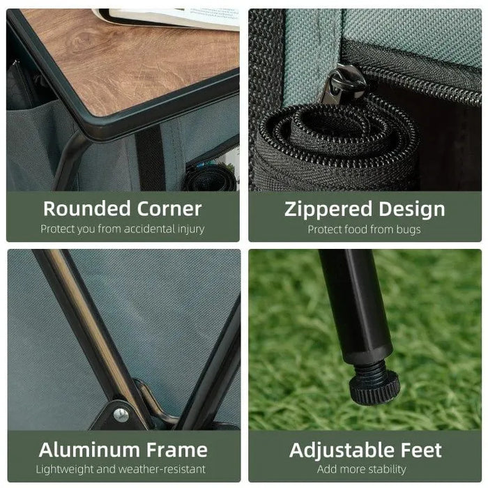 Camp kitchen unit features rounded corner, zippered storage, aluminum frame, adjustable feet