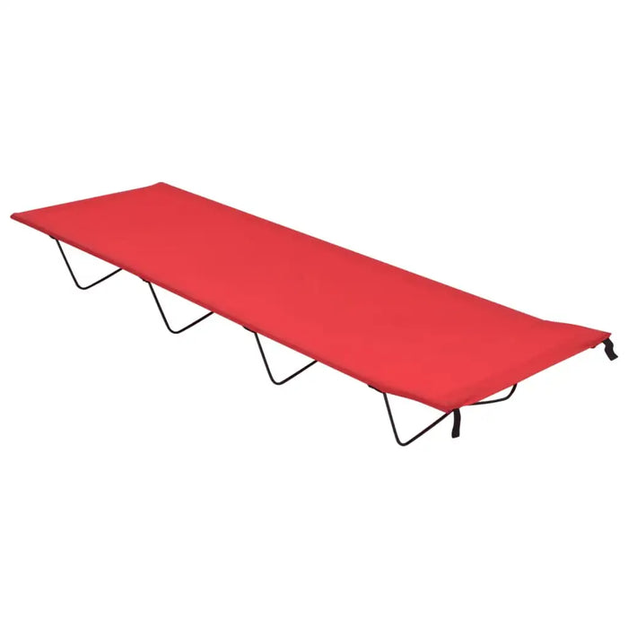 Red portable folding camping bed with steel frame on white background