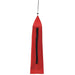 Red portable camping bed carry bag with black handle, hanging vertically
