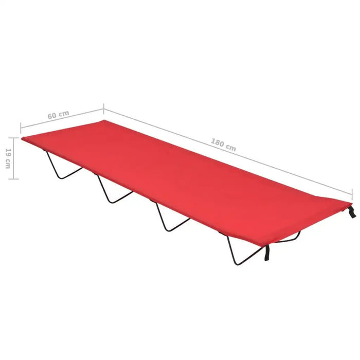 Red portable folding camping bed with steel frame, dimensions 180x60x19 cm