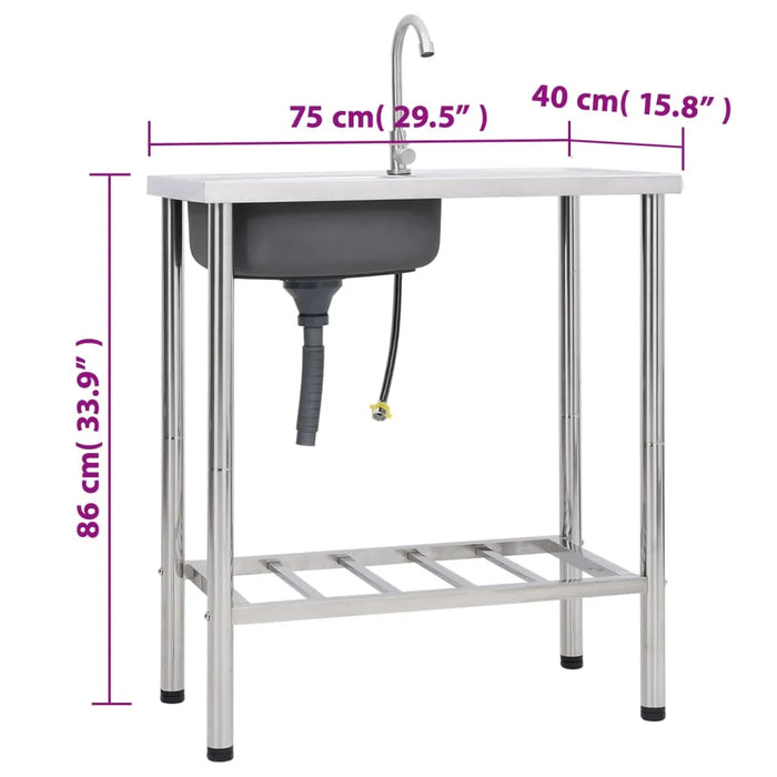 Camping Single Basin Sink with Tap in Stainless Steel - Little and Giant Explorers vidaXL