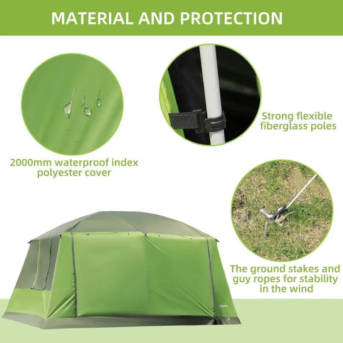 Camping Tunnel Tent with Porch, 2 Rooms and Lamp Hook in Green - Little and Giant Explorers Outsunny