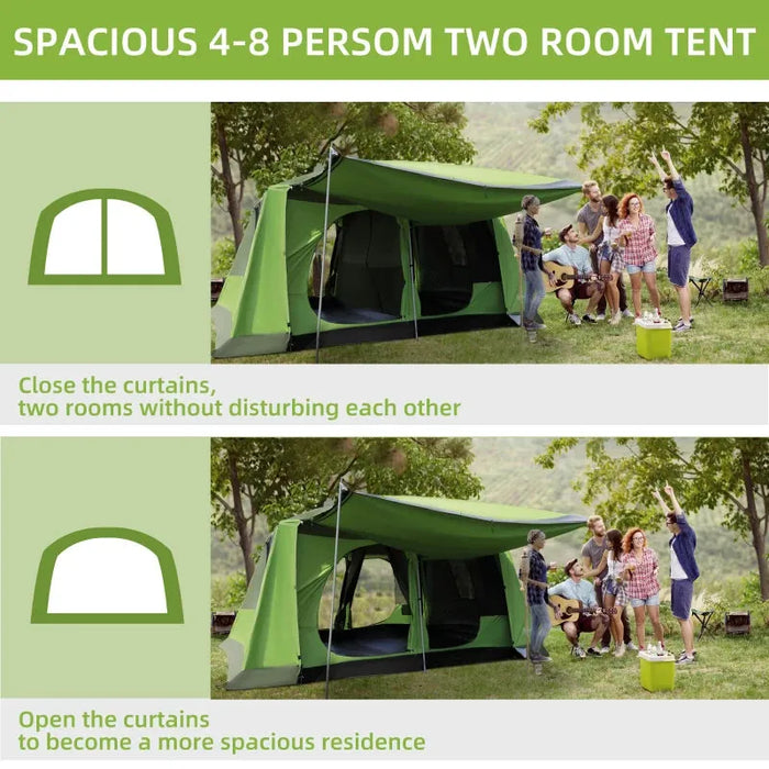 Camping Tunnel Tent with Porch, 2 Rooms and Lamp Hook in Green - Little and Giant Explorers Outsunny