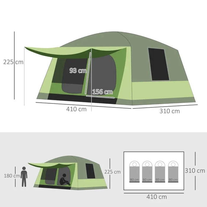 Camping Tunnel Tent with Porch, 2 Rooms and Lamp Hook in Green - Little and Giant Explorers Outsunny