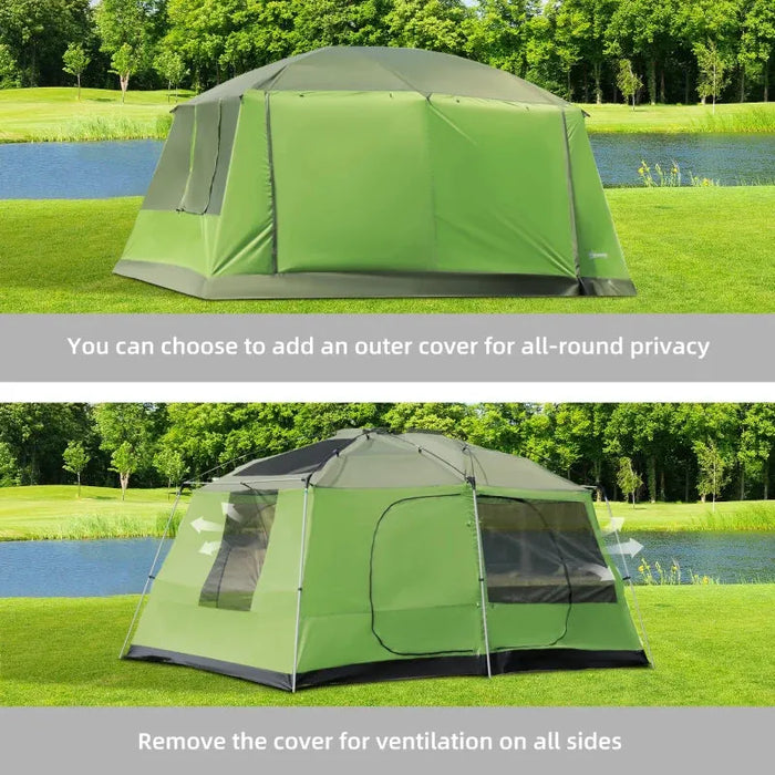 Camping Tunnel Tent with Porch, 2 Rooms and Lamp Hook in Green - Little and Giant Explorers Outsunny