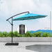 Blue patio umbrella with measurements on a clear sky background