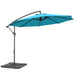 Blue patio umbrella with a stand on a white background