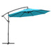 Blue patio umbrella with a black stand on a white background