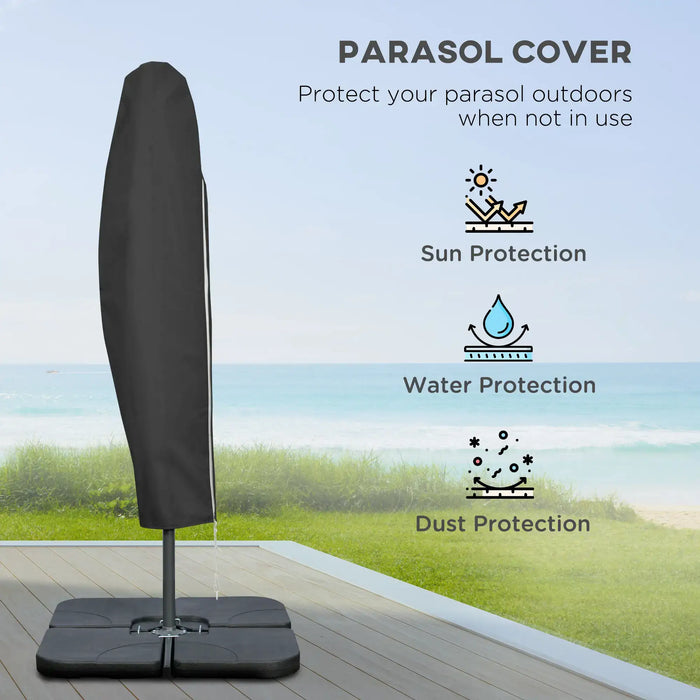Parasol cover with text highlighting sun, water, and dust protection on a clear sky background.