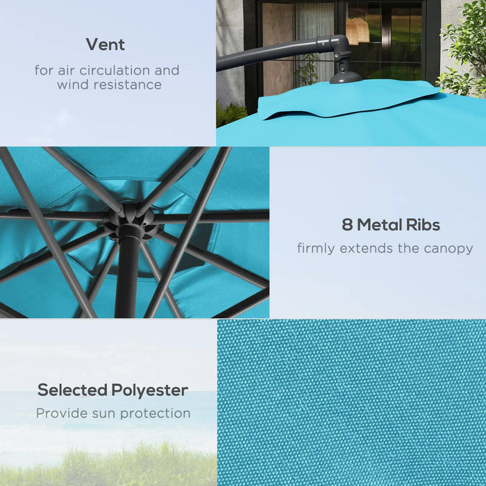 Blue patio umbrella with text highlighting features like vent, metal ribs, and polyester fabric.