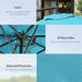 Blue patio umbrella with text highlighting features like vent, metal ribs, and polyester fabric.