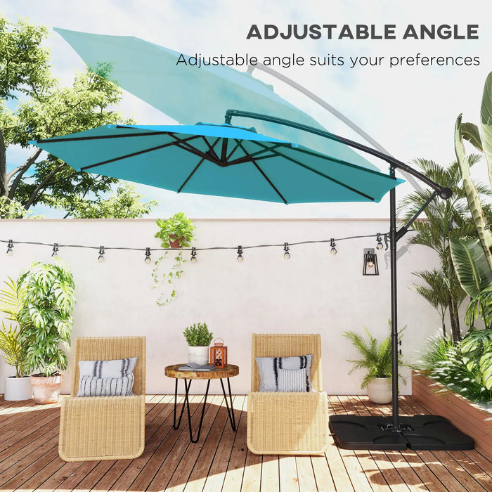 Blue patio umbrella with adjustable angle on a wooden deck with chairs and plants.