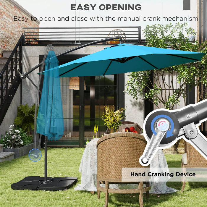 Blue patio umbrella with manual crank mechanism in an outdoor setting