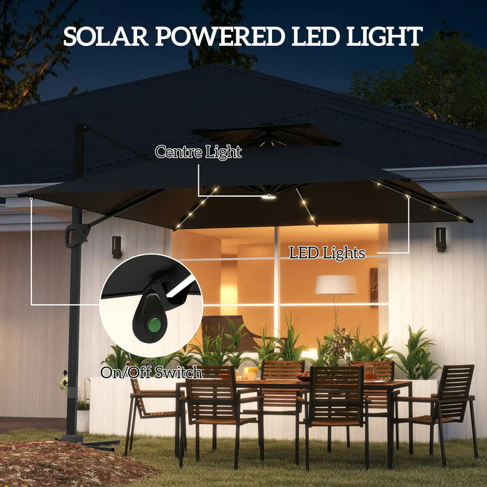 Garden Cantilever Parasol with Solar LED Lights and Centre Light in Black - Little and Giant Explorers Outsunny