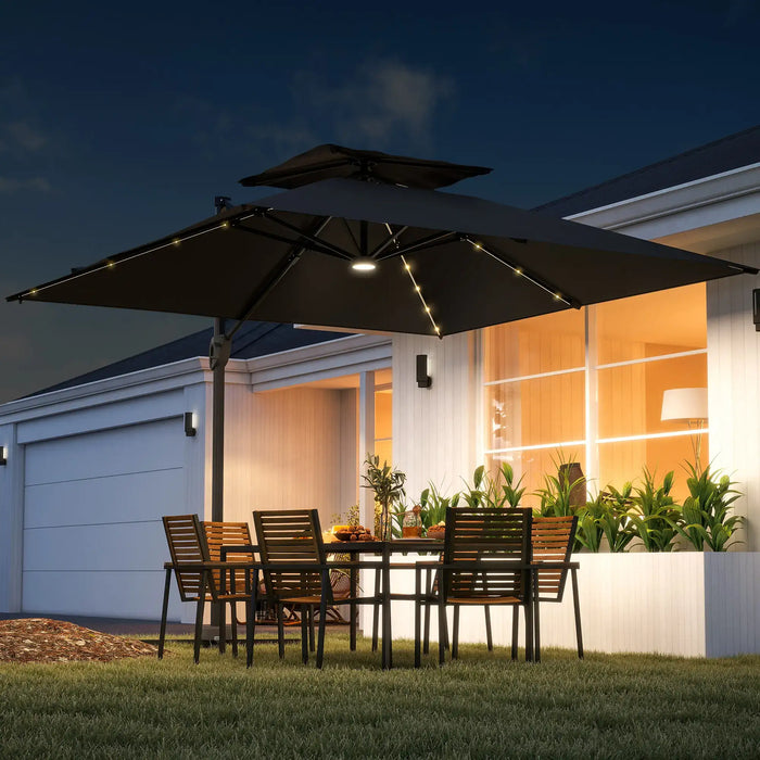 Garden Cantilever Parasol with Solar LED Lights and Centre Light in Black - Little and Giant Explorers Outsunny
