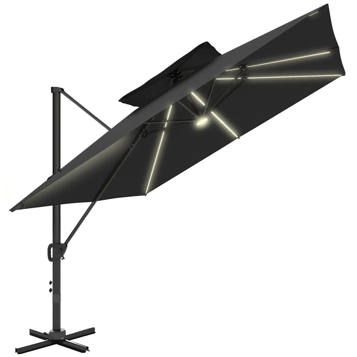 Garden Cantilever Parasol with Solar LED Lights and Centre Light in Black - Little and Giant Explorers Outsunny