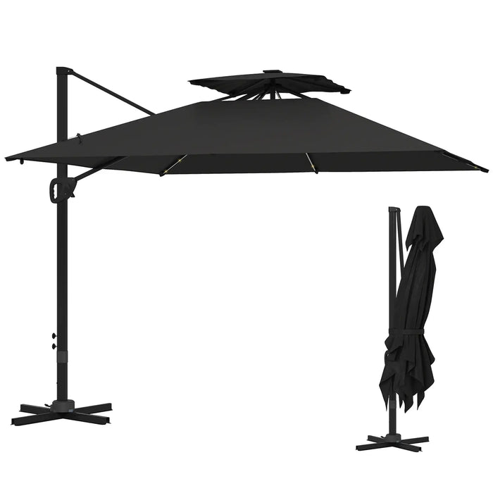 Garden Cantilever Parasol with Solar LED Lights and Centre Light in Black - Little and Giant Explorers Outsunny