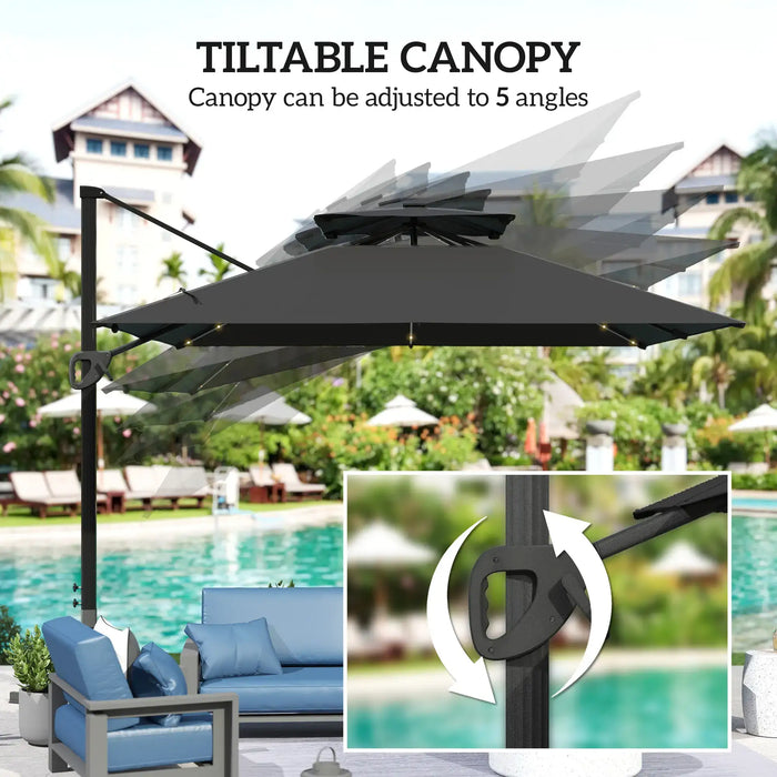 Garden Cantilever Parasol with Solar LED Lights and Centre Light in Black - Little and Giant Explorers Outsunny