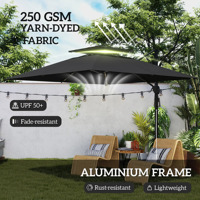 Garden Cantilever Parasol with Solar LED Lights and Centre Light in Black - Little and Giant Explorers Outsunny