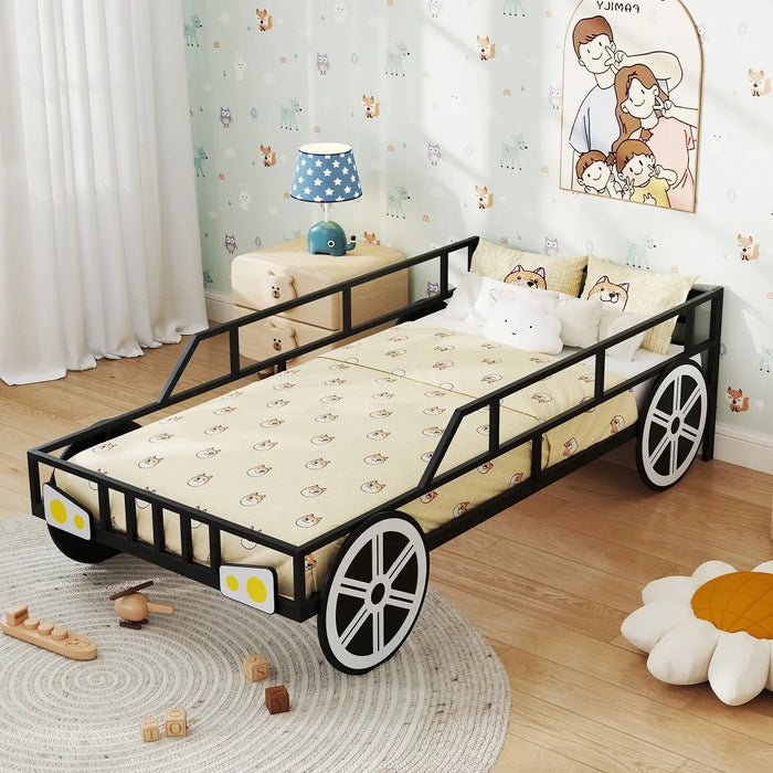 Children's bed with cart design in a room with toys and decor