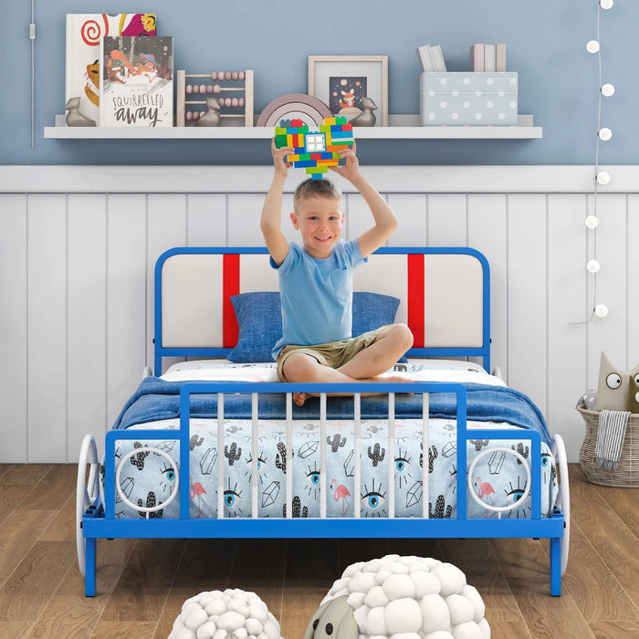 Car Shaped Kids Bed Frame with Upholstered Headboard (98 x 203cm) - Little and Giant Explorers Costway