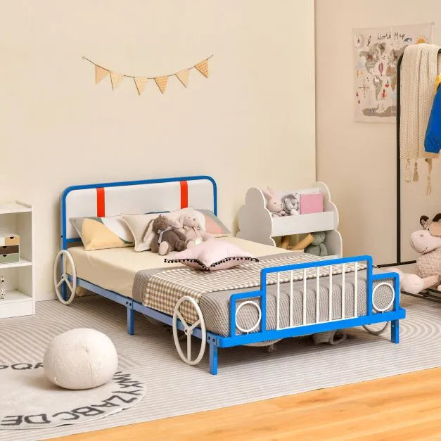 Car Shaped Kids Bed Frame with Upholstered Headboard (98 x 203cm) - Little and Giant Explorers Costway