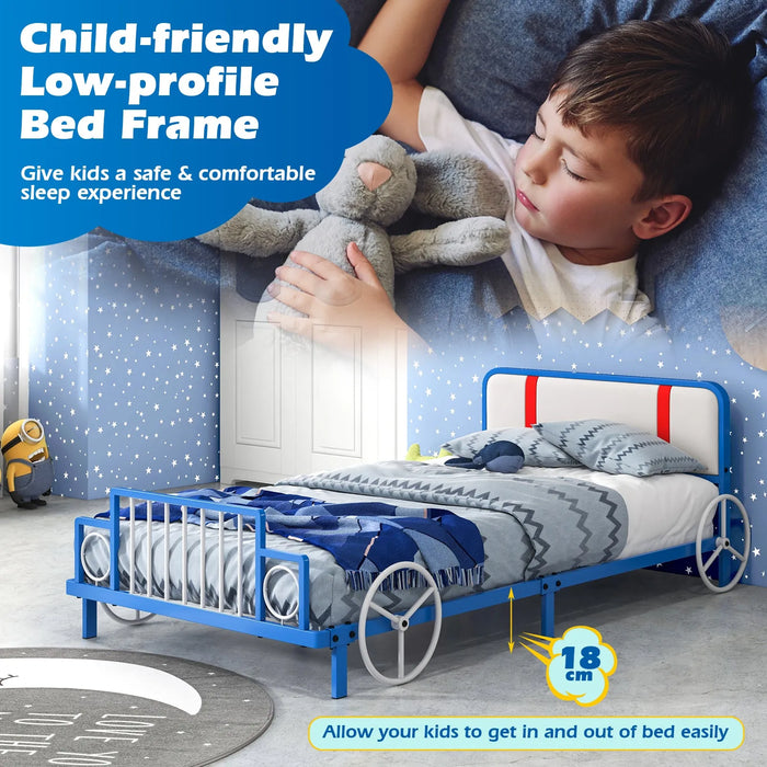 Car Shaped Kids Bed Frame with Upholstered Headboard (98 x 203cm) - Little and Giant Explorers Costway