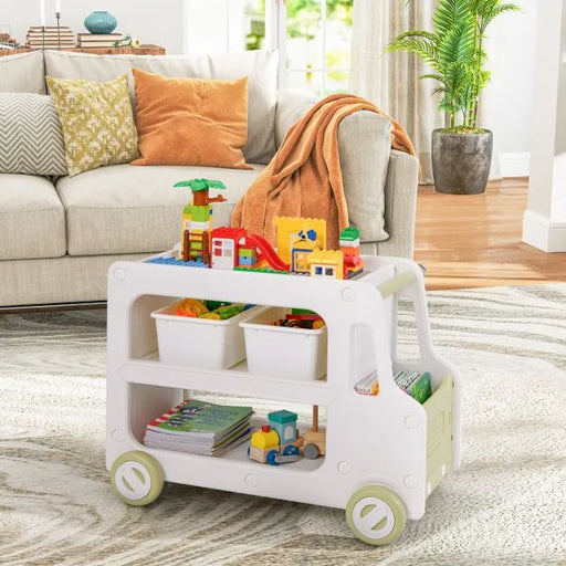 Car-Shaped Toddler Toy Organiser – White and Green | 2-in-1 Storage and Block Play COSTWAY - Little and Giant Explorers Costway