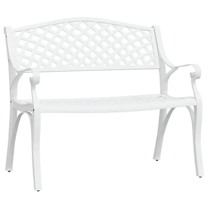 White cast aluminium garden bench with ornate lattice backrest on plain background