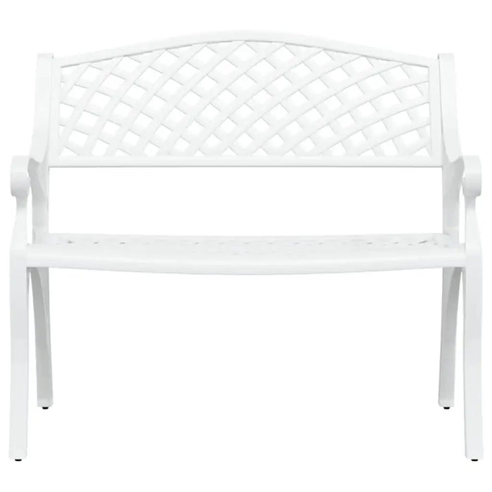 White cast aluminium garden bench with ornate lattice backrest and romantic style design