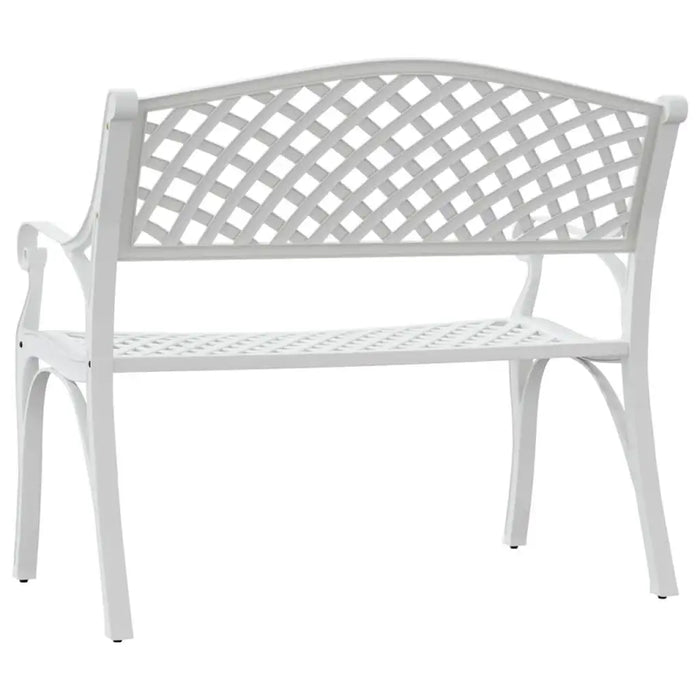 White cast aluminium garden bench with lattice backrest and curved legs, ornate romantic style