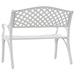 White cast aluminium garden bench with lattice backrest and curved legs, ornate romantic style