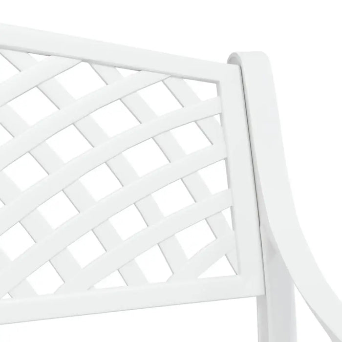 White cast aluminium garden bench with ornate lattice backrest