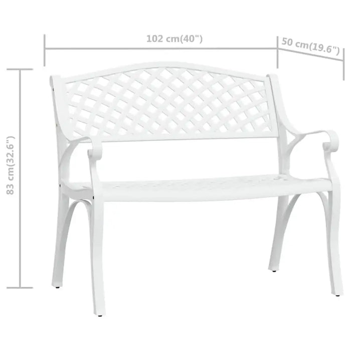 White cast aluminium garden bench with ornate lattice backrest, measuring 102cm wide.