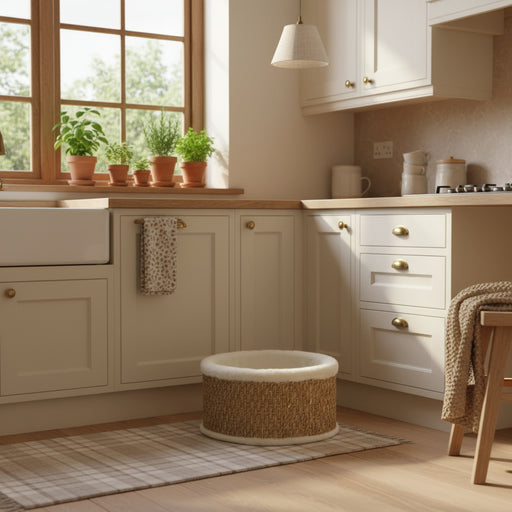 Beige seagrass cat basket bed with plush lining in a cozy kitchen corner