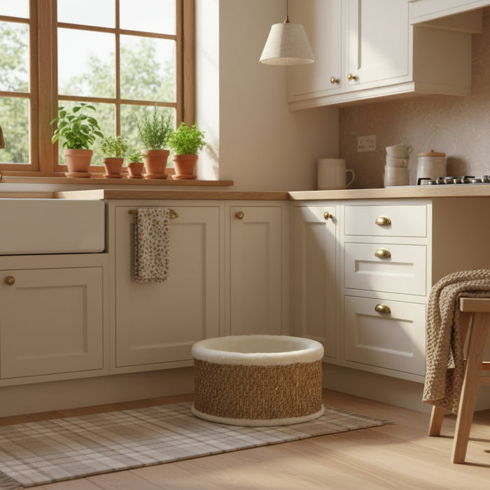Beige seagrass cat basket bed with plush lining in a cozy kitchen corner