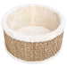 Round beige seagrass and plush cat bed with scratch-resistant woven design