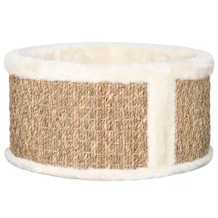 Beige seagrass round cat basket bed with plush trim and scratch-resistant design
